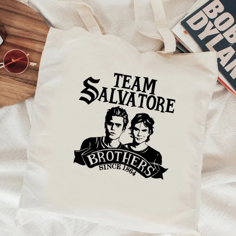 sac fourre-tout en toile the vampire diaries, sac de courses pliable en tissu, sac de supermarché, sacoche en toile à cordon