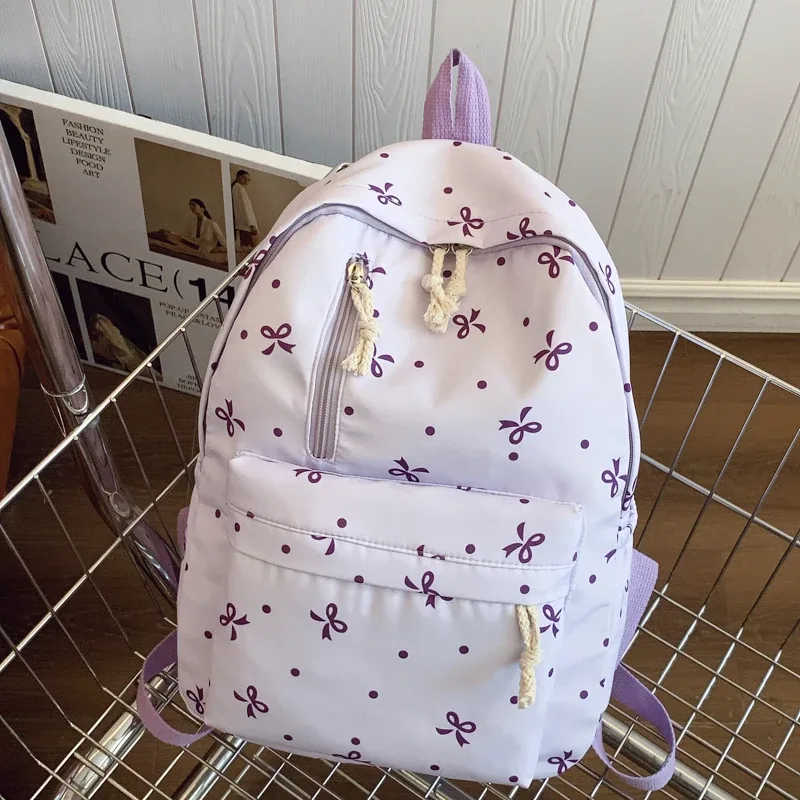 sac à dos matelassé à imprimé nœud ludique pour la rentrée scolaire, à usage quotidien, avec plusieurs poches, bretelles réglables, grande capacité
