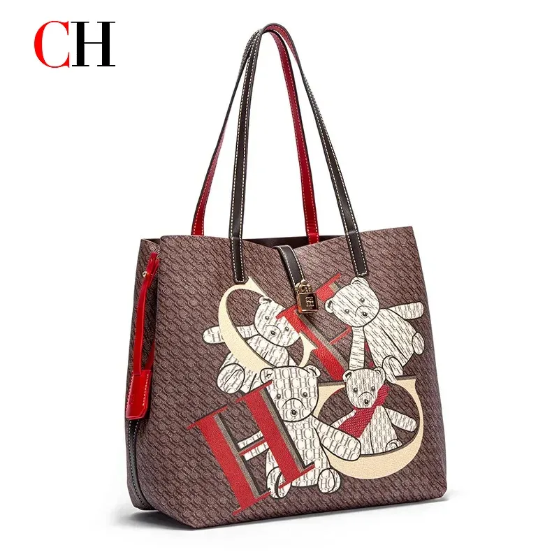 sac fourre-tout pour femme ch, grande capacité, sac à main imprimé ours de dessin animé, sac à bandoulière en cuir pu, sac de shopping décontracté et tendance, sac à main pour femme