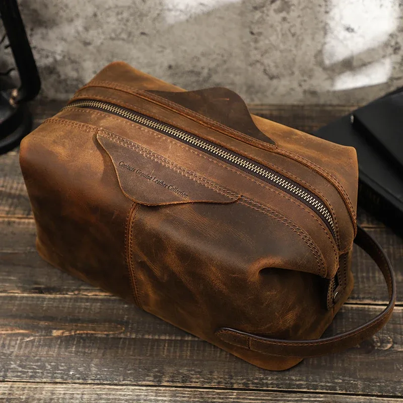 contact's – sac à cosmétiques suspendu pour hommes, pochette de rangement de voyage en cuir de cheval fou, trousse de toilette vintage