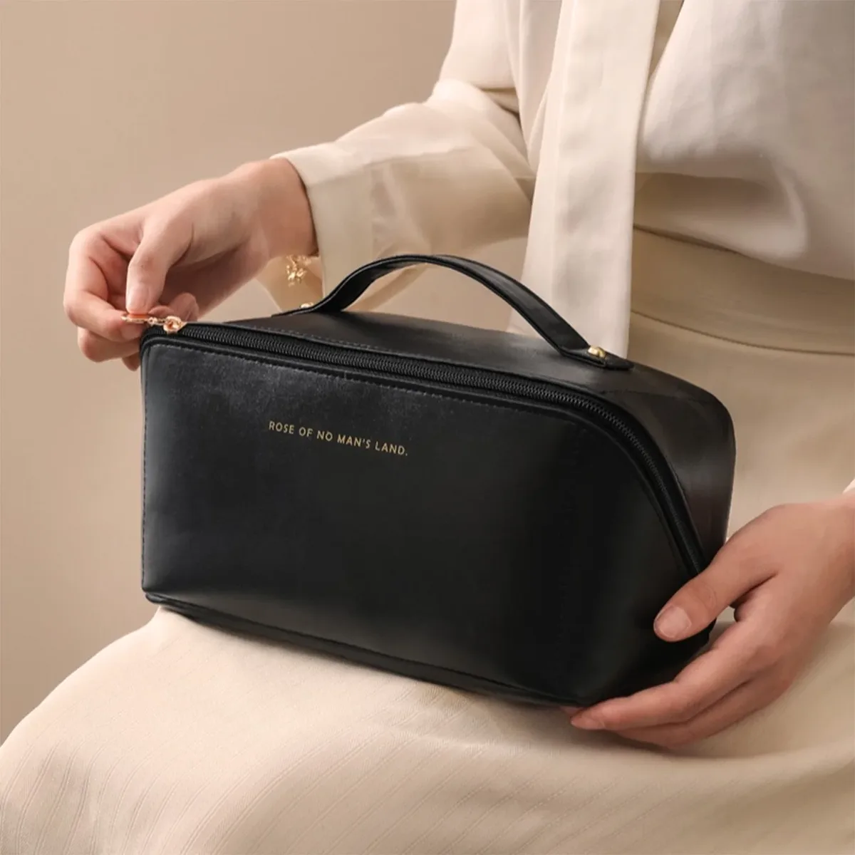sac à maquillage en cuir pu avec poignée, organiseur de cosmétiques de grande capacité, trousse de toilette de