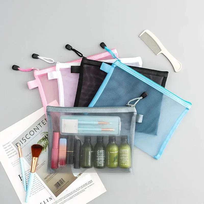 Sacs de voyage en maille de nylon à fermeture éclair pour cosmétiques, trousses de maquillage, trousse à crayons, poudres à fermeture éclair, fournitures scolaires et de bureau, 1PC