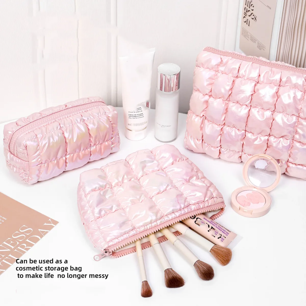 sac de rangement de maquillage rose pour femmes, sac à main organisateur de voyage, pochette de toilette et de cosmétiques, grille à bulles, pochette de luxe pour dames