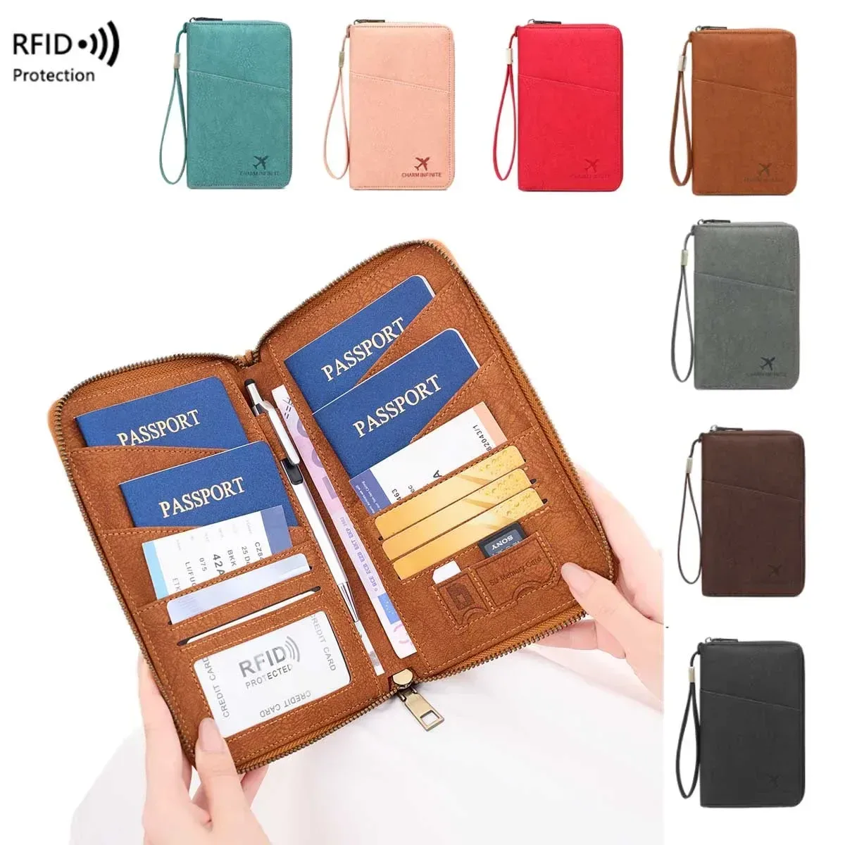sac de passeport bloquant rfid avec porte-documents de voyage à longue fermeture éclair, portefeuille de rangement de billets multifonctionnel pour plusieurs passeports