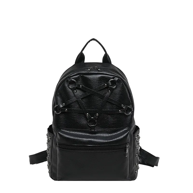 sac à dos de voyage unisexe à grande capacité avec rivets décoratifs, fermeture éclair et plusieurs poches, idéal pour les étudiants, les écoliers et les ordinateurs portables.