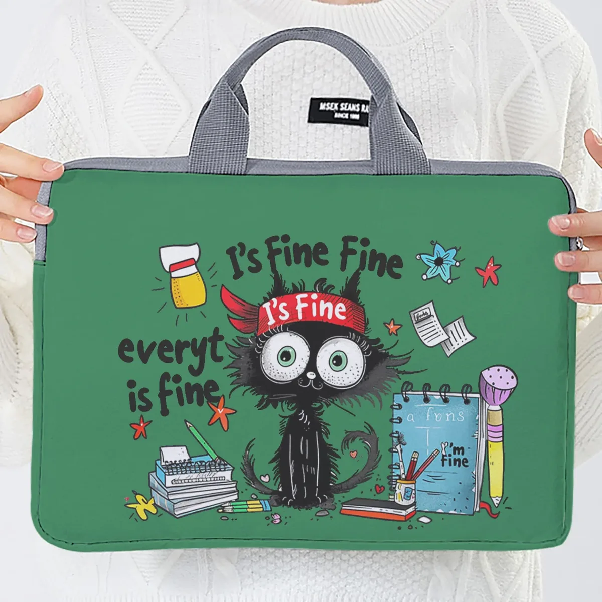 ensemble unique, deux styles, sacoche pour ordinateur portable et porte-documents à motif de chat noir, adapté aux ordinateurs portables de 14 pouces.