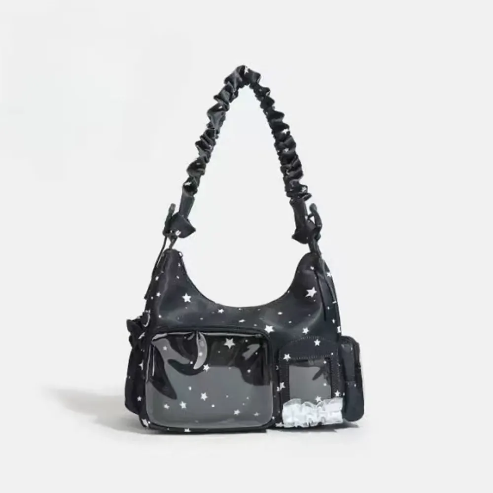 sac à bandoulière plissé à volants avec fenêtre transparente, motif étoile, pour cartes photo d'idols kpop, sac décontracté