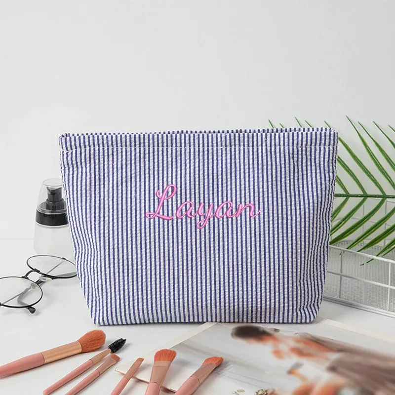 sac de maquillage rayé en gaze bulle, personnalisable avec broderie ou style standard (2 options), pochette de rangement, saison rentrée scolaire