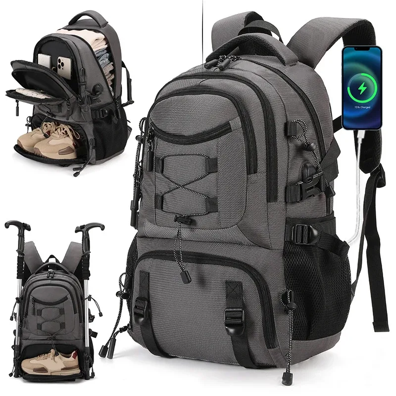 sac à dos d'escalade usb pour ordinateur portable, sac à dos léger avec sac à chaussures, sac à dos de camping en plein air, sac à dos de randonnée, cartable de sport et de gym