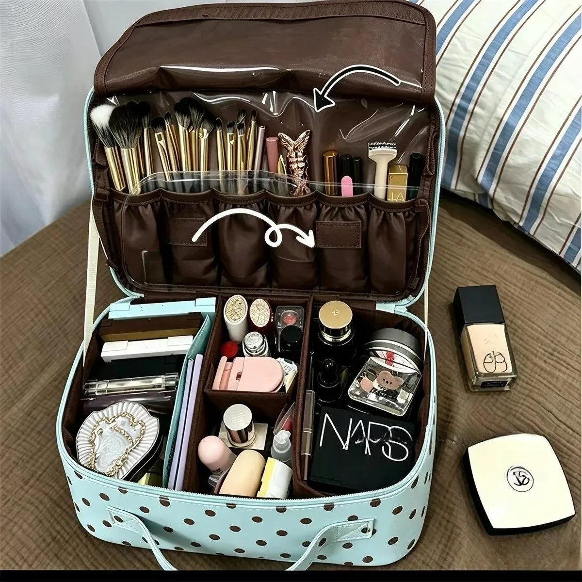 grande trousse de maquillage à pois pour femmes, sac de voyage pliable en forme de cube, trousse de toilette portable avec fermeture éclair pour les voyages