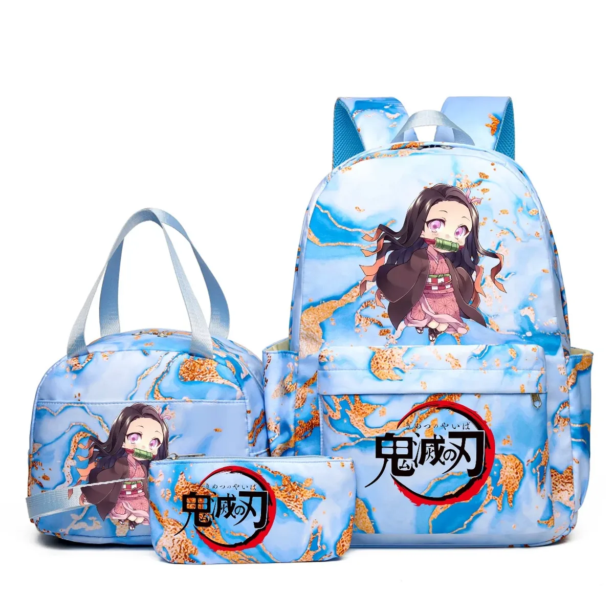sac à dos demon slayer nezuko kamado, capacité dégradée, ordinateur portable, sacs d'école pour adolescents, sacs à lunch, voyage, décontracté, 3 pièces
