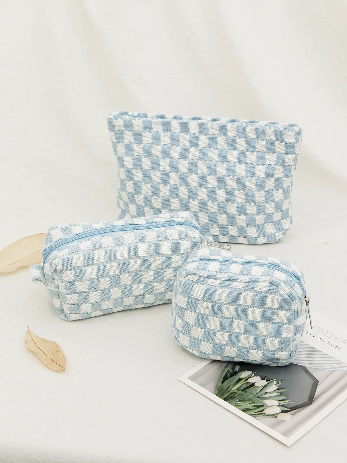 sac à cosmétiques en damier, sac de rangement de toilette tricoté, pochette de maquillage colorée, organisateur, sac à cosmétiques à motif à carreaux