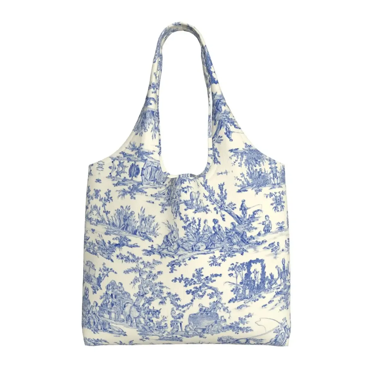 toile de jouy française classique vintage personnalisée, fourre-tout à motif bleu marine, fourre-tout de shopping en toile réutilisable, sac à bandoulière