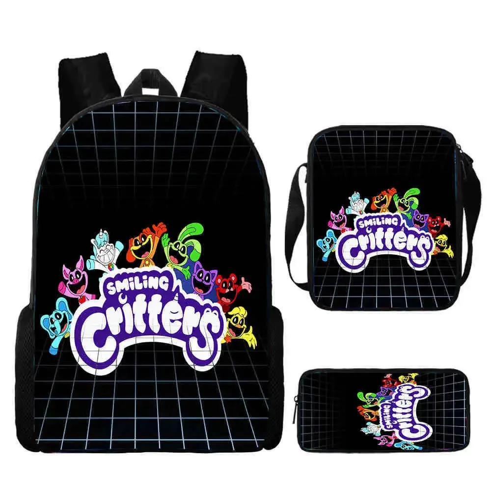 ensemble de sac à dos d'école smiling 3d critters avec sac à crayons, sacs initiés, grande capacité, dessin animé, jeu d'amine, sac à dos pour enfant, 3 pièces