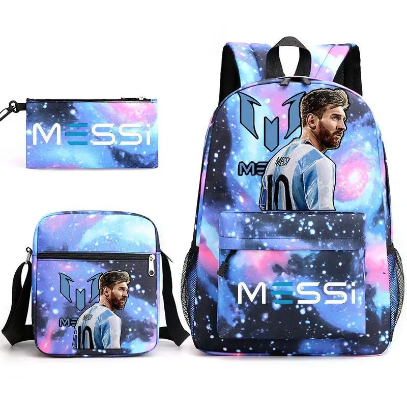 3 pièces sacs à dos messi étoiles de football imprimé léger simple sacs d'école pour ordinateur portable junior-senior lycéens mochilas