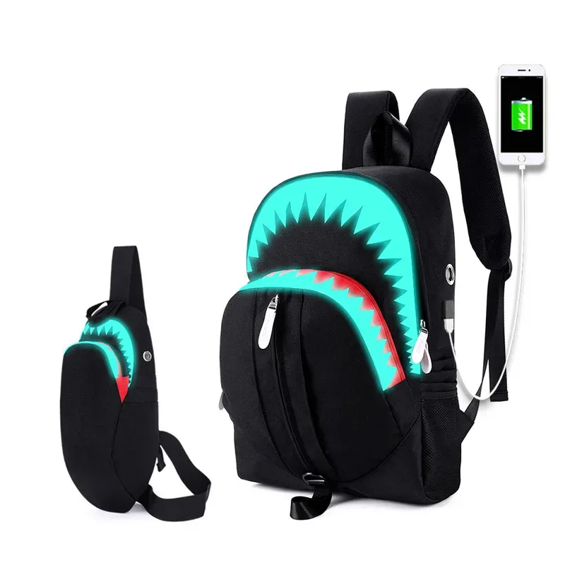 sac à dos de mode usb charge nuit lumineux requin sac à dos pour ordinateur portable étudiants sac de poitrine adolescents sacs d'école sac de voyage