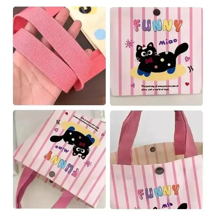 sac à main en toile rose à pois motif chat, mini sac bento mignon style dopamine, sac fourre-tout léger pour les trajets quotidiens, les sorties et le shopping