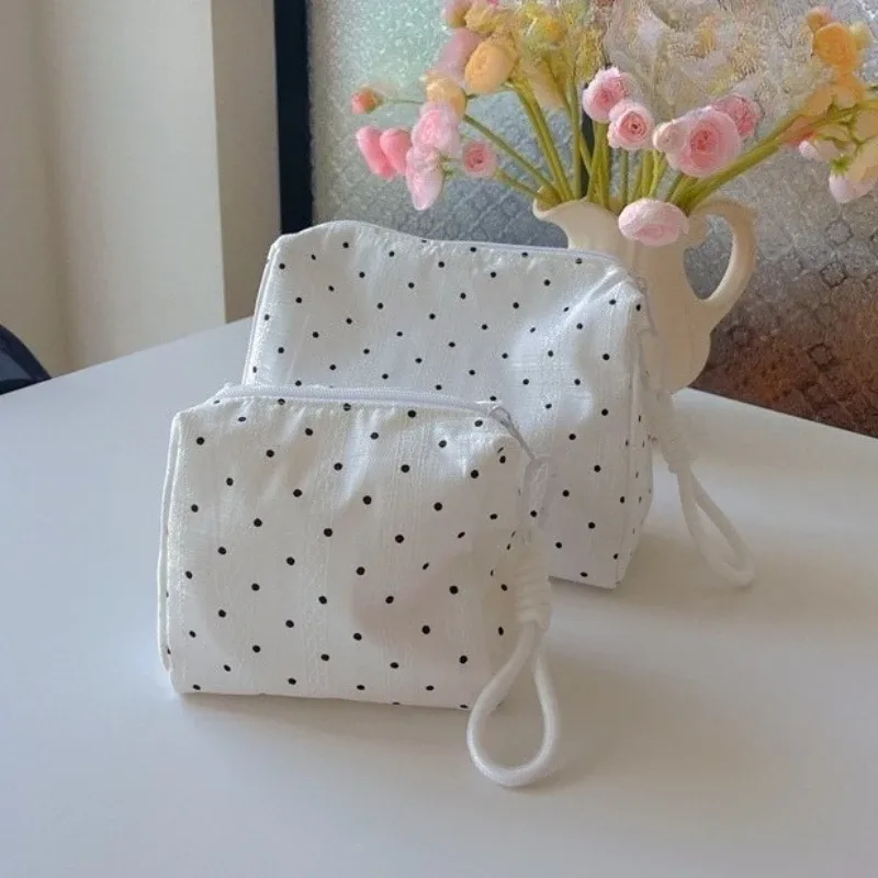 trousse de maquillage à points noirs pour femmes, pochette de rangement de cosmétiques, trousse de toilette de style doux
