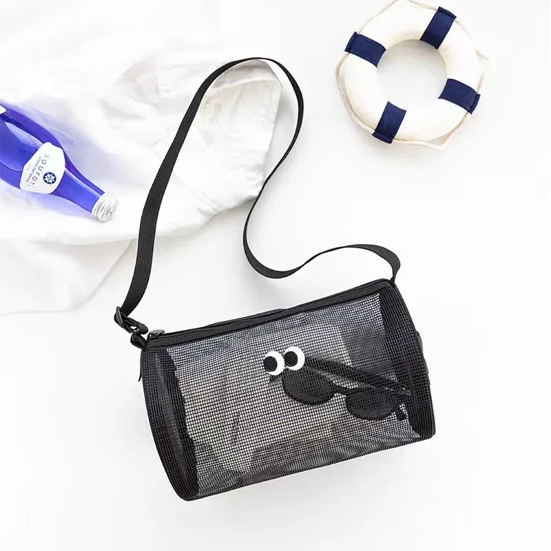 sac de plage tendance, sac de natation bandoulière, sac de voyage cylindrique en maille ajourée pour articles de toilette