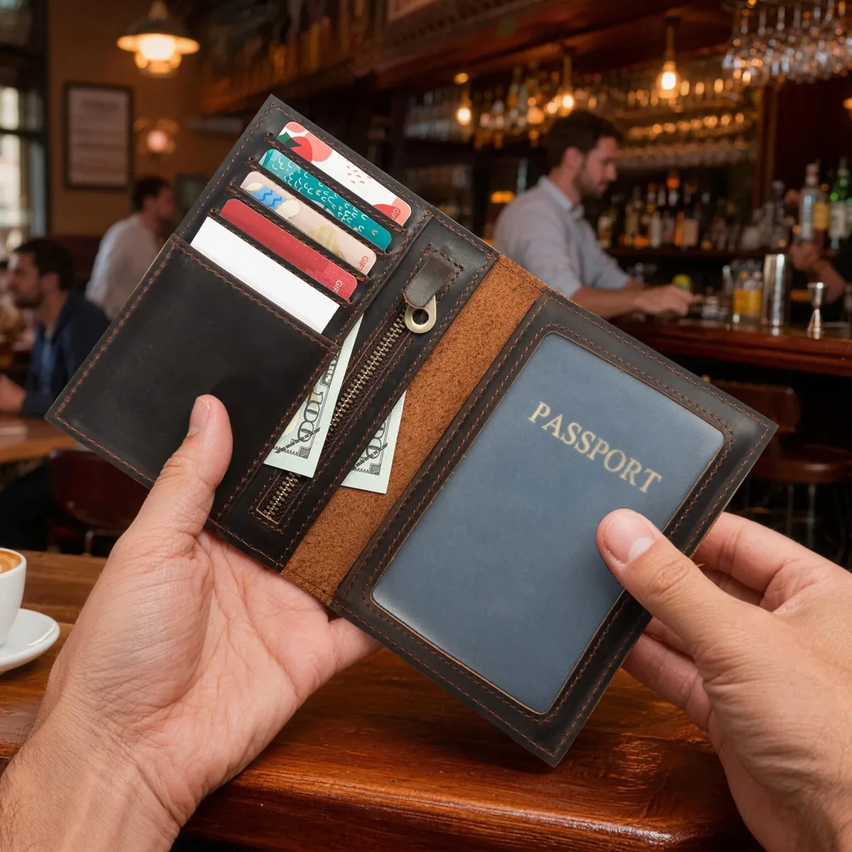 porte-passeport tout-en-un en cuir - portefeuille de voyage avec fermeture éclair et emplacements pour cartes, organiseur de documents durable pour les voyages et les affaires