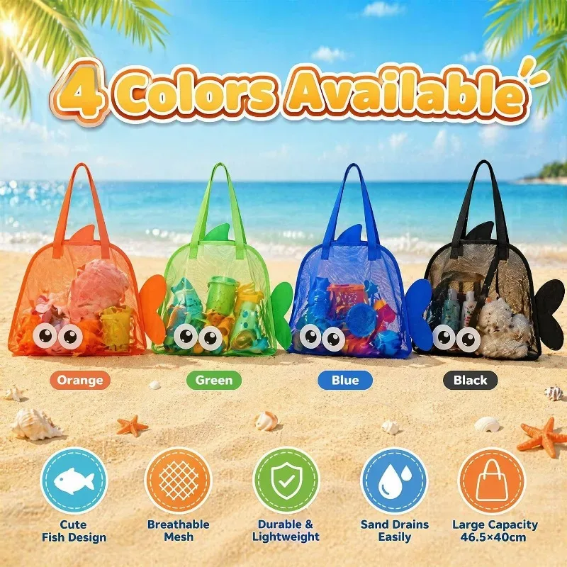 sac de plage en filet, forme de poisson mignon, grande capacité, séchage rapide, sac fourre-tout en filet pour la piscine, la collecte de coquillages, pliable et léger