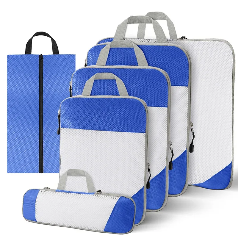 sac de rangement en nylon imperméable à compression de voyage portable, ensemble de pochettes de rangement à motif de grille visuelle pour l'organisation du voyage