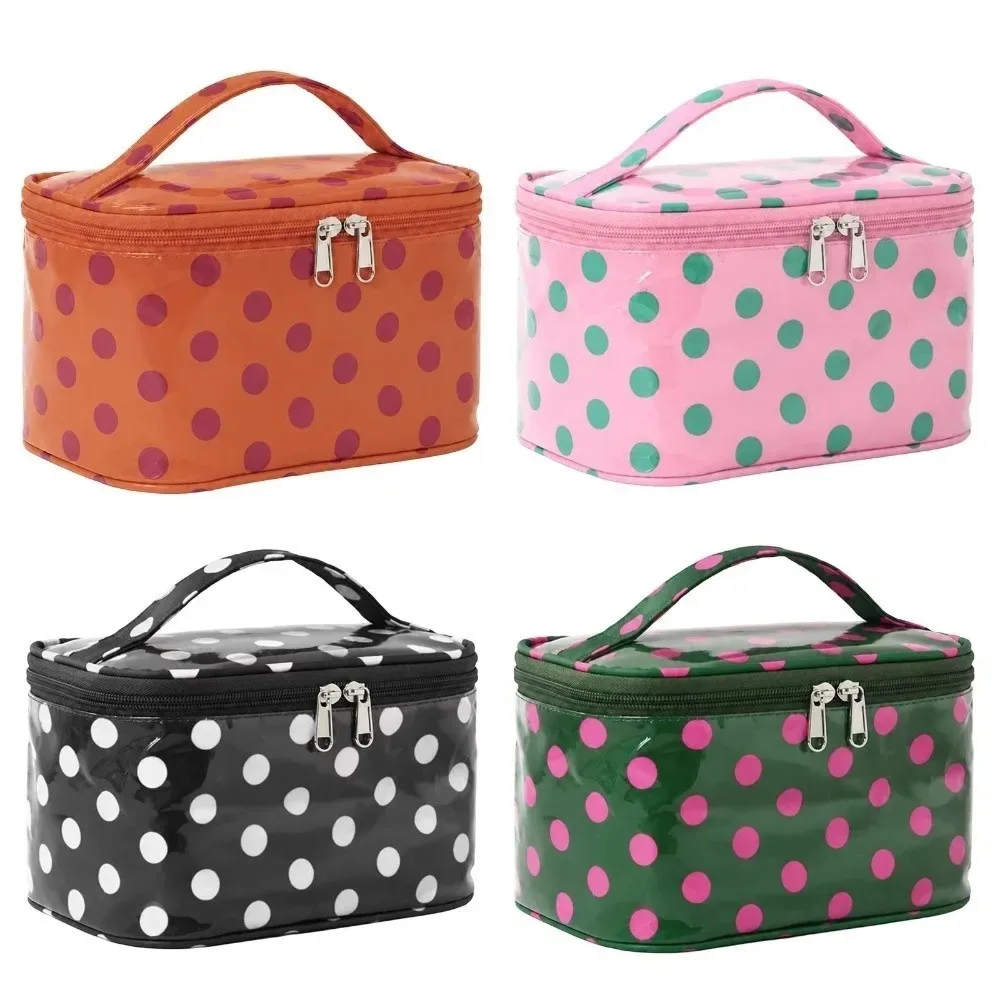 sac de maquillage en pvc à pois, grande capacité, sac à cosmétiques étanche en pvc avec poignée, organisateur de maquillage, transport décontracté