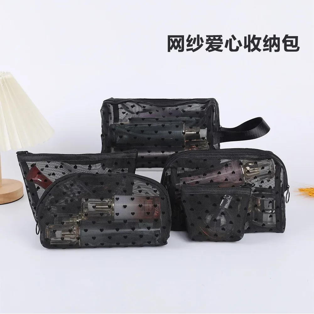trousse de maquillage en velours de cœur noir en dentelle, sac de rangement transparent pour étudiant, trousse de toilette portable de voyage, trousse de maquillage universelle