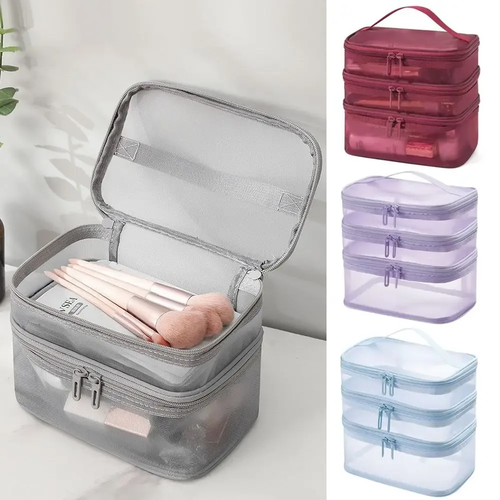 Sac de voyage transparent en maille pour cosmétiques, sac de rangement à 2/3 couches, trousse de toilette de grande capacité, sac de rangement pour maquillage, gym, natation