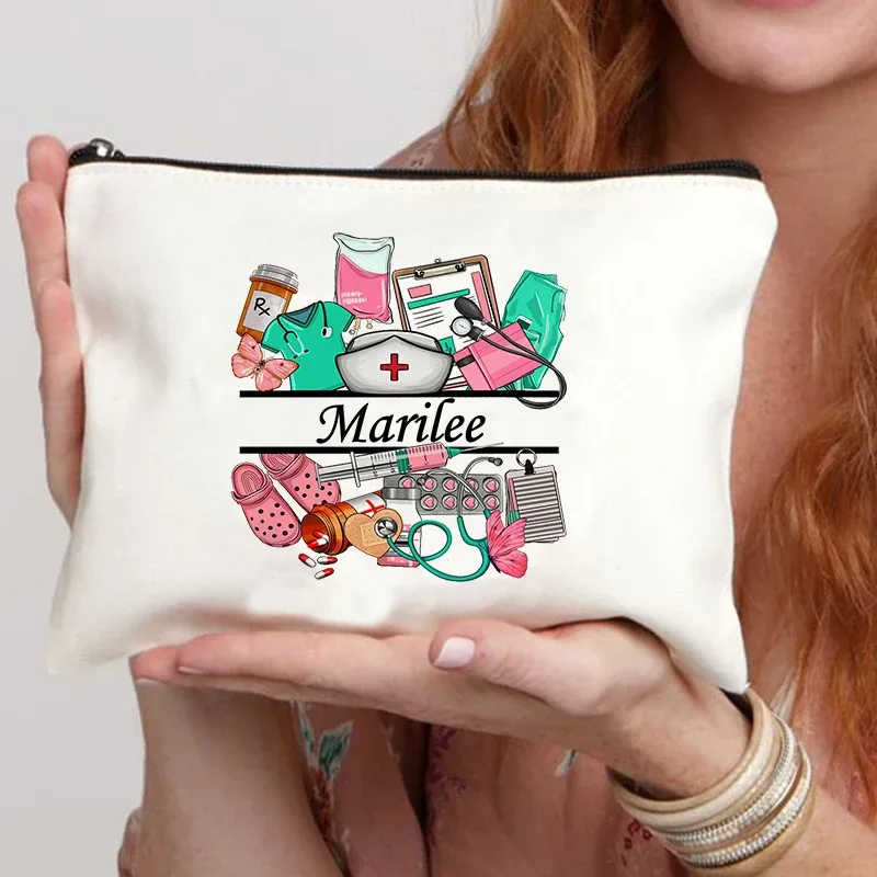 sac de rangement personnalisé pour infirmières, pochette en toile à fermeture éclair, fournitures de bureau, étui à stylos, portefeuille avec nom personnalisé, sacs à cosmétiques, cadeau pour infirmières