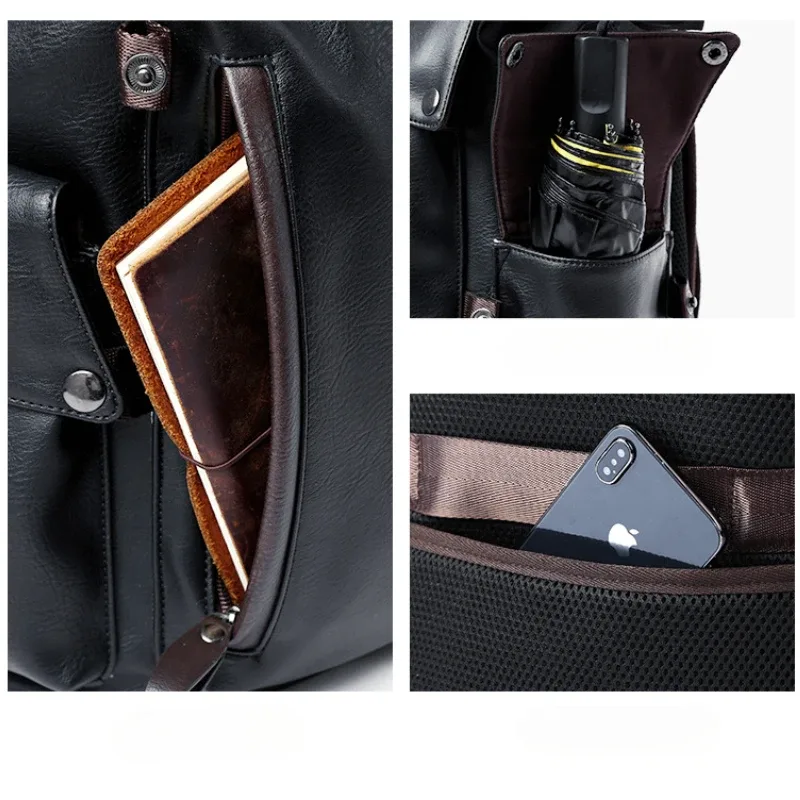 sac à dos à cordon de serrage pour hommes, sac à dos de voyage en cuir pu souple, sac pour ordinateur portable de 14 pouces, sac d'école décontracté, mochila rucksacks