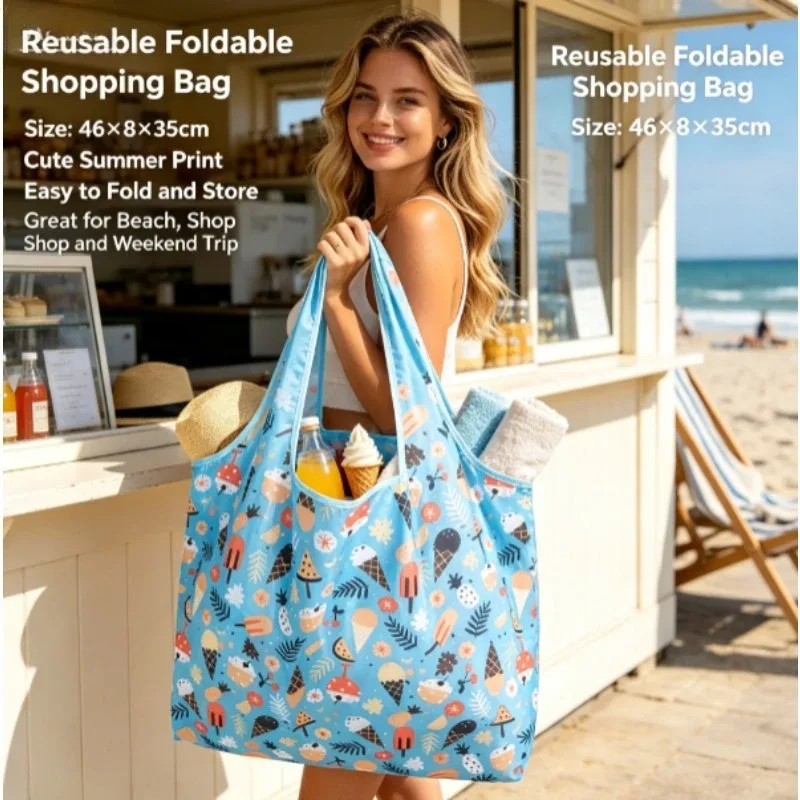 Sac de courses pliable en nylon de taille moyenne, sac à main léger et imperméable à porter à l'épaule, sac fourre-tout réutilisable et écologique