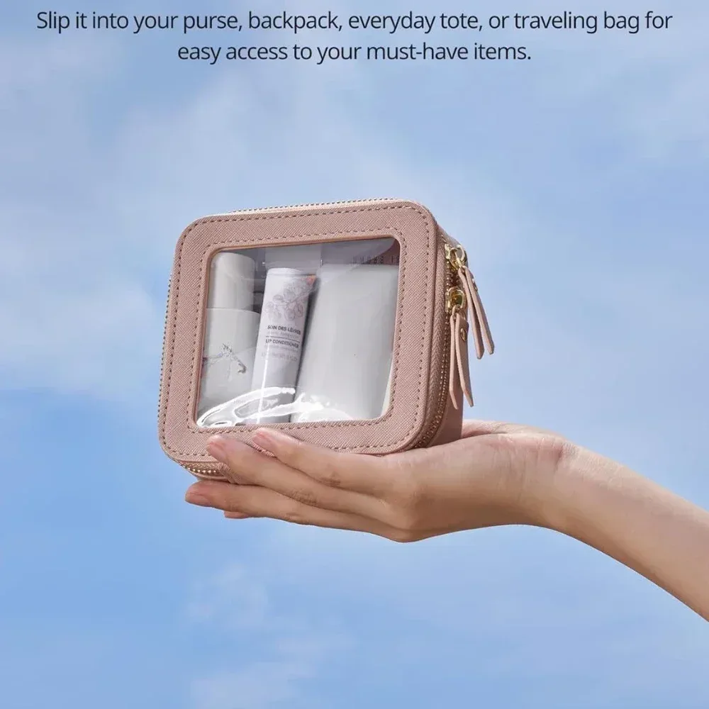 mini trousse de maquillage transparente en faux cuir pu saffiano végétalien, jolie petite fenêtre visible, rangement de rouges à lèvres, étui à cosmétiques pour pochette à main