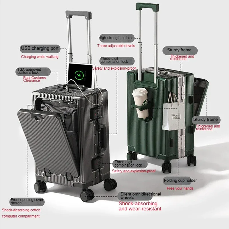Valise de voyage KO-KU nouvelle version avec ouverture frontale, compartiment pour ordinateur portable, cadre en aluminium 20-28, et porte-gobelet
