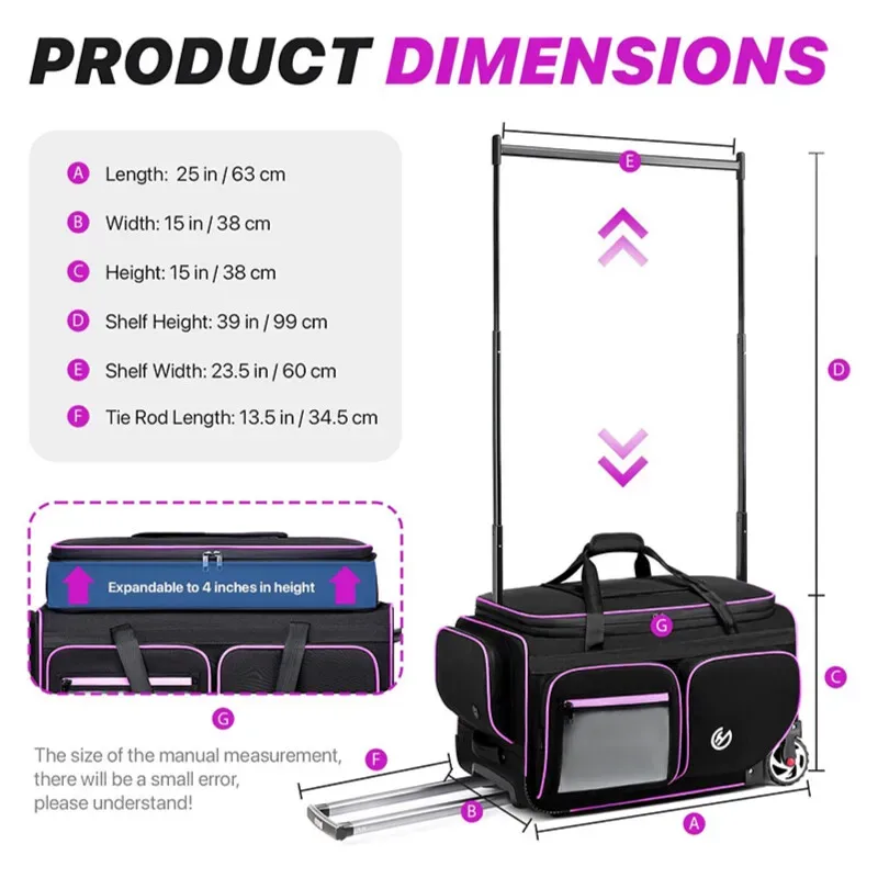 sac de rangement de voyage multifonctionnel, boîtier de chariot de rangement oxford avec support de cintre et compartiments détachables pour sac de sport de danse