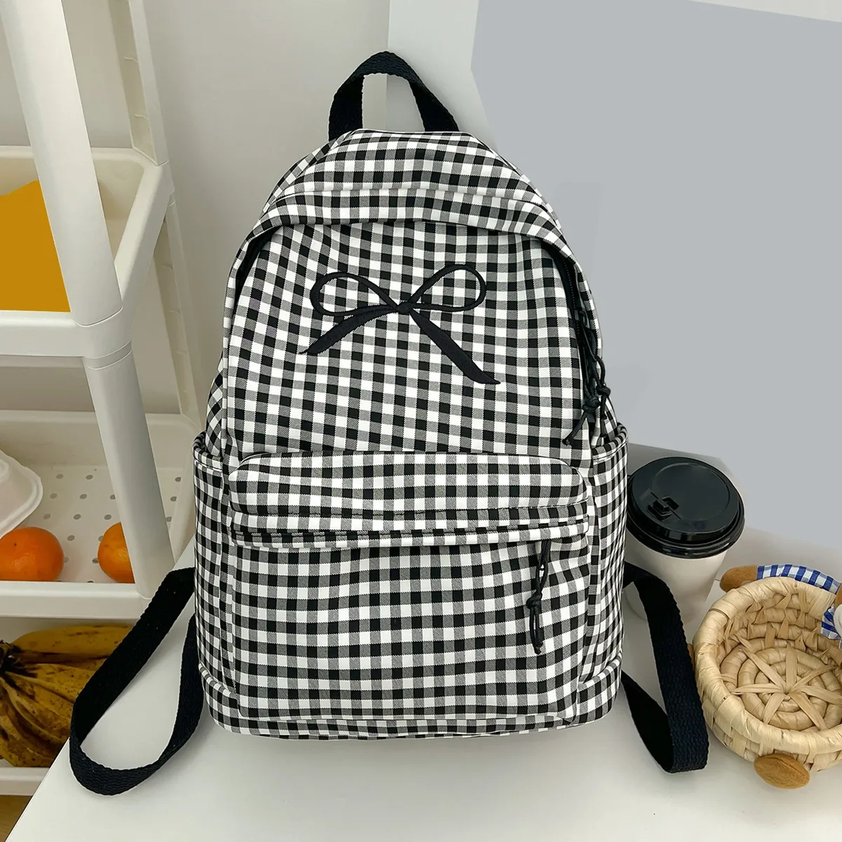 sac à dos scolaire mignon pour étudiants, multi-poches, en nylon souple, style preppy, motif quadrillé, avec nœud, pour livres, trajets quotidiens et travail