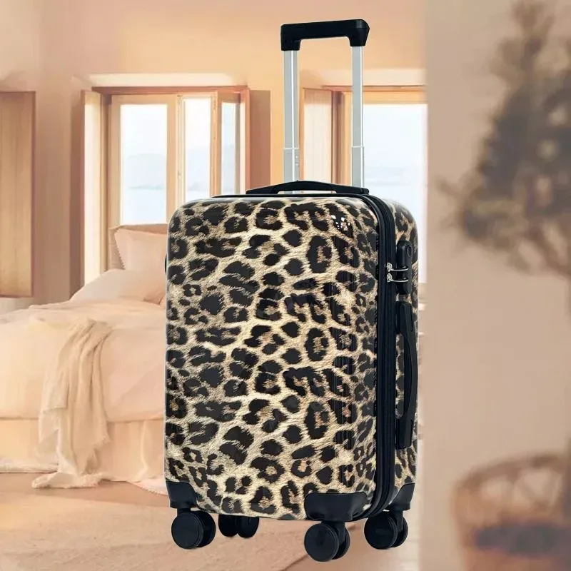 valise à roulettes silencieuses pour femme, imprimé léopard, 20 pouces – bagage cabine à motif animal féroce pour dames