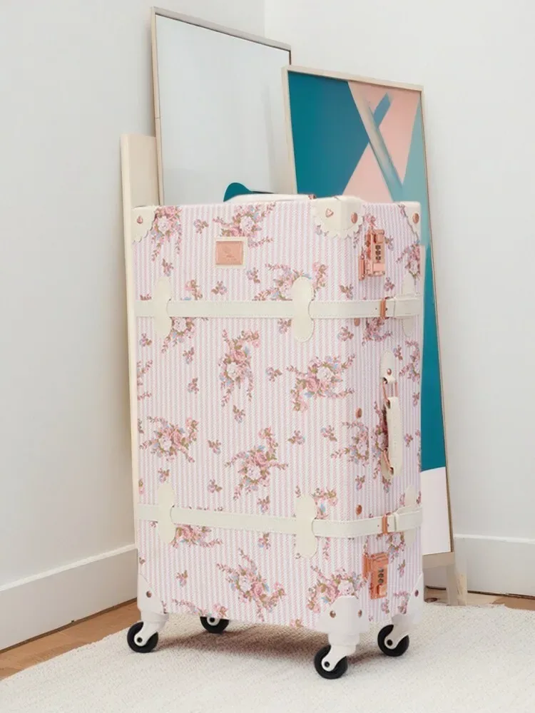 valise de cabine à imprimé floral de créateur-bagage spinner en cuir pu avec étui à cosmétiques, valise trolley rétro pour voyage pour femmes