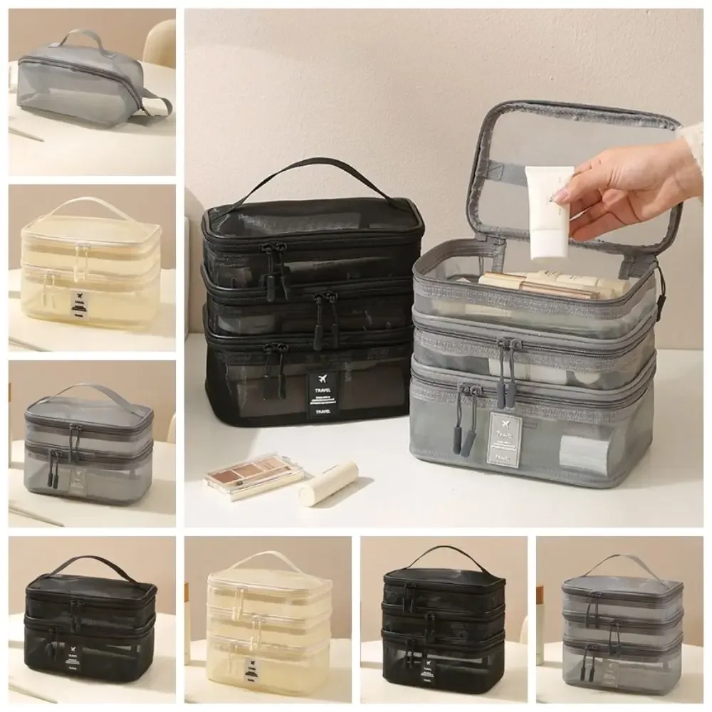 Sacs cosmétiques en maille à fermeture éclair, transparents, grande capacité, sac de rangement double couche, organisateur multifonctionnel pour articles de toilette portables