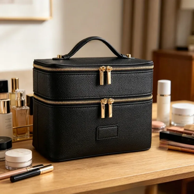 sac à main en cuir, style trousse de toilette, imperméable, grande capacité, sac de voyage pratique, sac de rangement pour maquillage, double couche, voyage décontracté