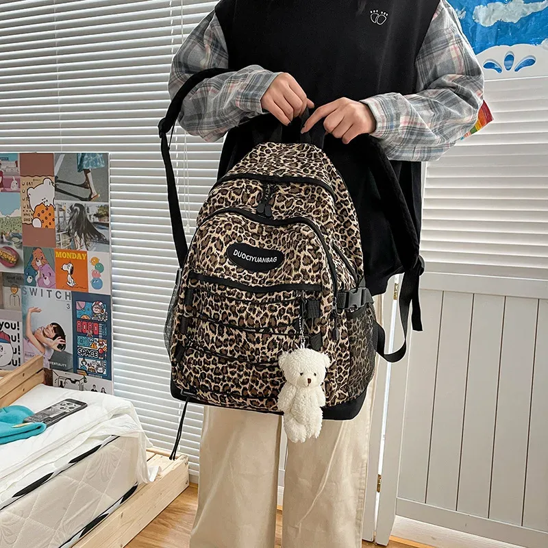 sac à dos vintage à imprimé léopard, grande capacité, sac d'école avec poche latérale en maille, pour étudiants, voyages, streetwear
