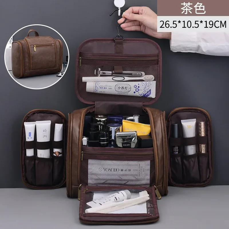 trousse de maquillage en cuir pu de grande capacité, organisateur de cosmétiques de voyage, pochette de toilette multifonctionnelle, mallette de rangement étanche pour unisexe