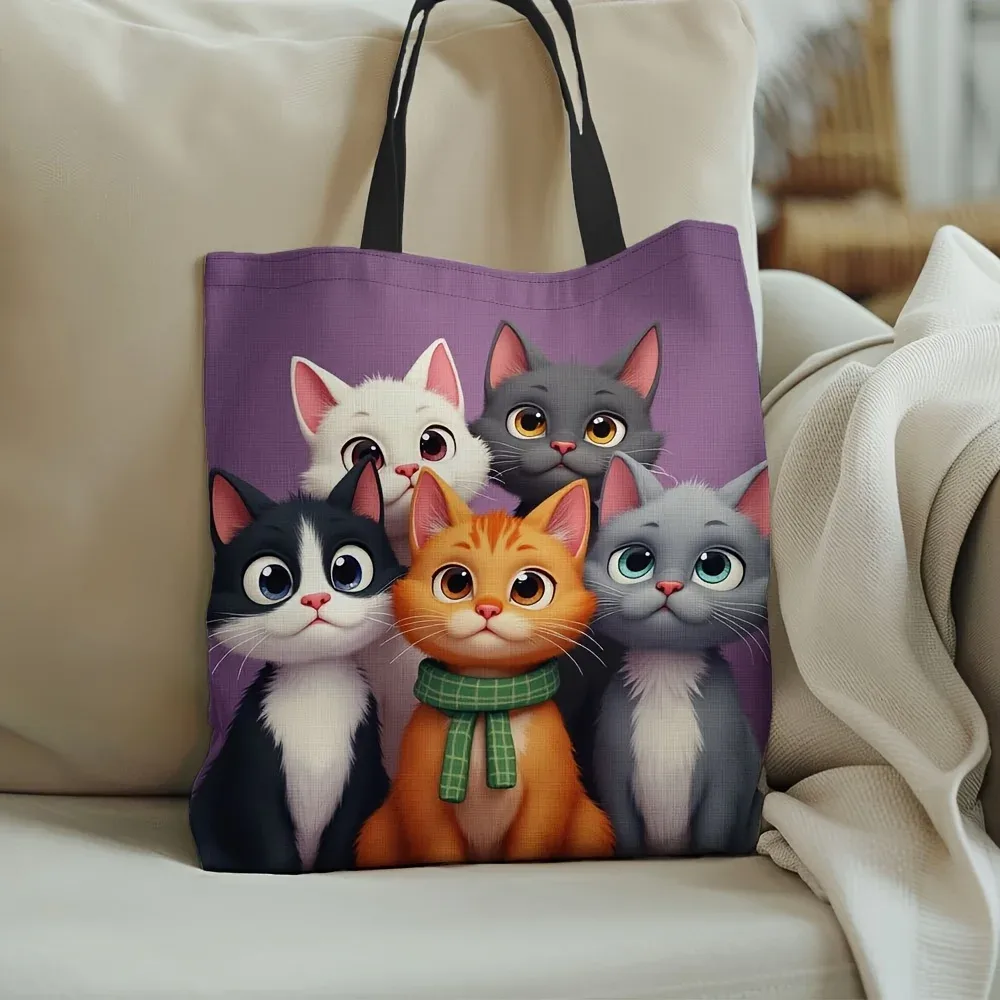 1pc Adorable sac fourre-tout chat de dessin animé-polyester durable, conception de chaton orange et blanc vibrant avec écharpe verte