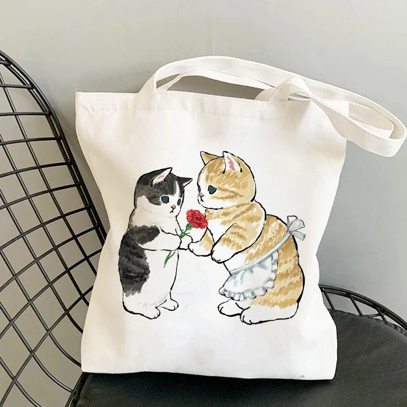 sac kawaii sac blanc sacs porté épaule sacs à provisions sacs à bandoulière en toile pour filles, sac de shopping à la mode, kawaii chats animaux mignons, sac de shopping, fourre-tout décontracté