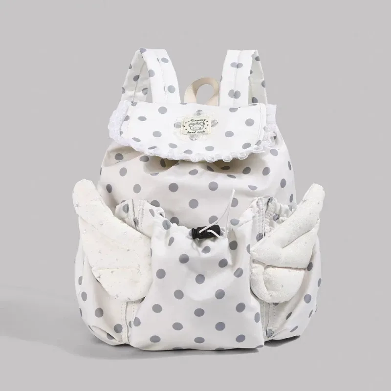 Sac à dos pour étudiants à cordon de serrage avec motif ailes d'ange et pois, sac d'école coréen mignon et élégant en nylon, sac de voyage léger et spacieux