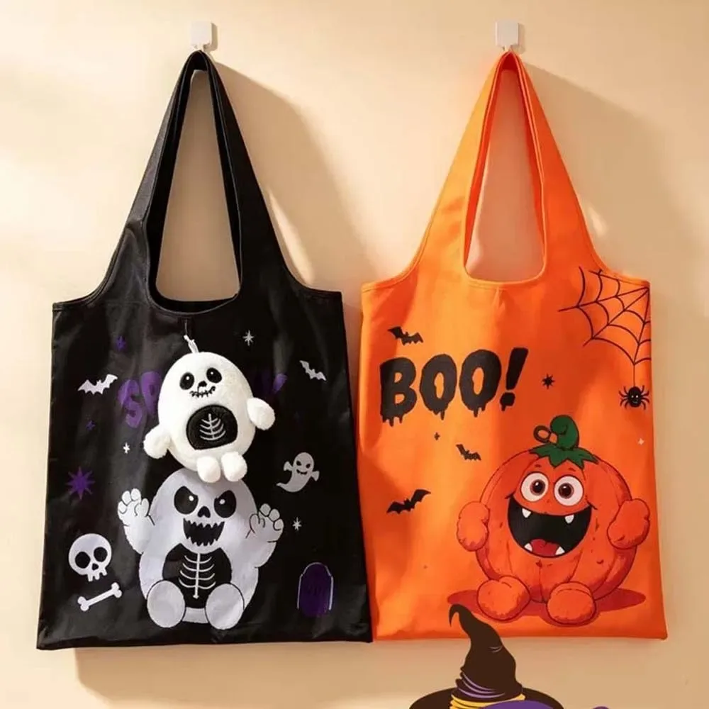sac fourre-tout d'épicerie halloween couleur unie, mini sac à main de dessin animé peu encombrant, étui en peluche, sac 2-en-1 pliable rapidement, pochette porte-breloque