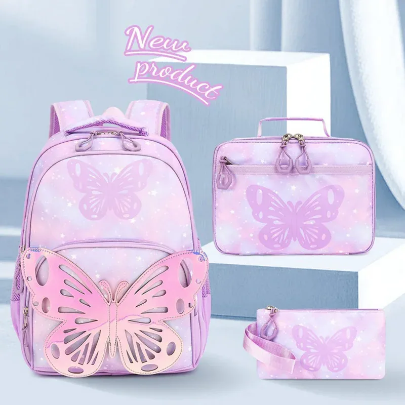 Ensemble de sac à dos 3 pièces à motif papillon pour fille, sac d'école pour étudiant avec pochette fourre-tout, sacs à livres imperméables, ensemble de cartable de rêve Kawaii