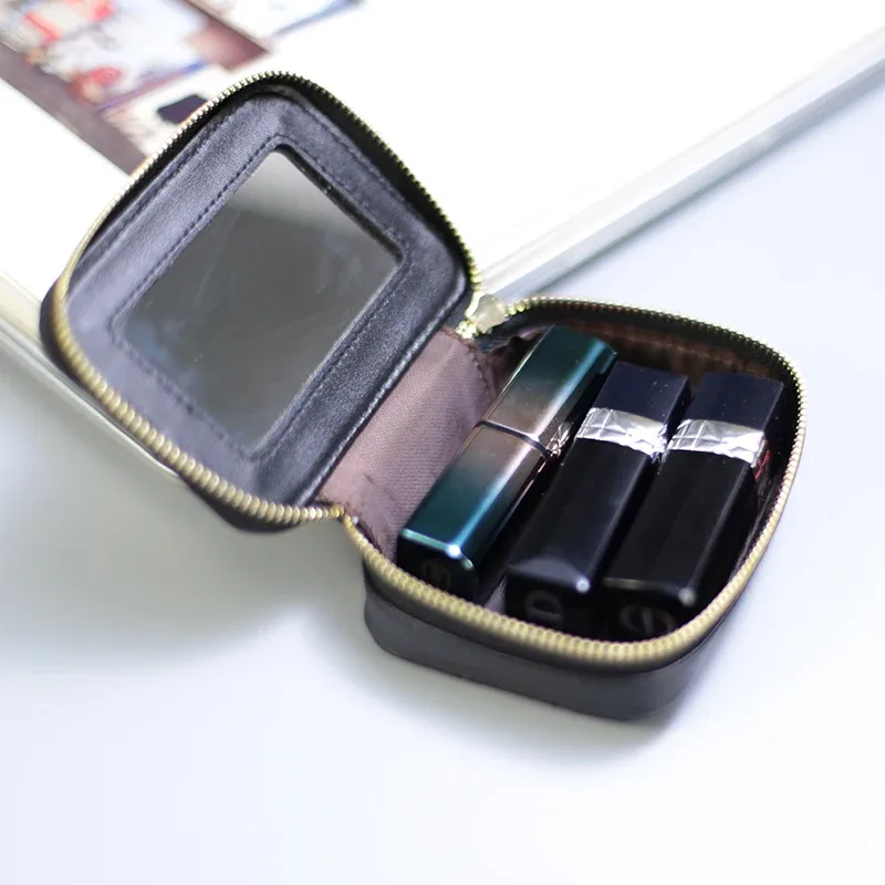 boîte à rouge à lèvres carrée de voyage, étui de rangement de maquillage en cuir véritable avec miroir, bâtons à lèvres, support en cuir, sac à cosmétiques, 2021
