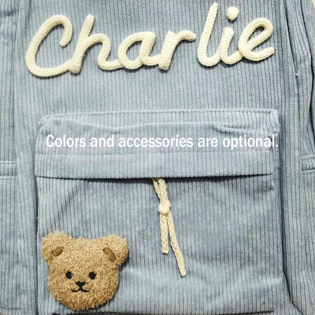 sac à dos unisexe personnalisé en velours côtelé — initiales brodées à la main, design coloré, choix de couleurs et d'accessoires