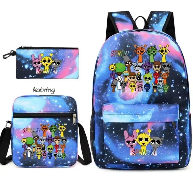 ensemble de 3 sacs à dos sprunki à imprimé anime, avec sac fourre-tout et pochette, grande capacité, léger et respirant, sac à dos décontracté tendance